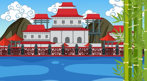 アジアの城と屋外のシーン — ストックベクタ