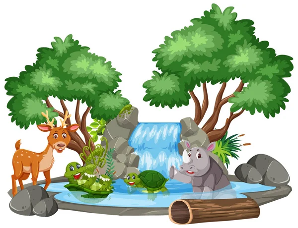 Escena de fondo de cascada y animales — Vector de stock