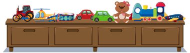 Ahşap çekmecelerde farklı oyuncaklar