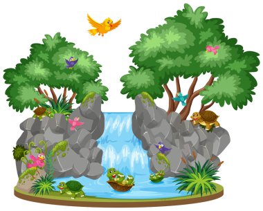 Şelalede kuş ve kaplumbağaların arka plan sahnesi