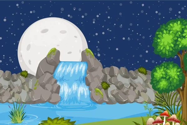 Landscape background design with waterfall at night
