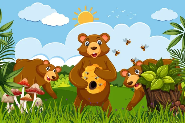 Honing beren in de jungle scene — Stockvector