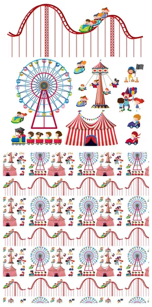 Diseño de fondo sin costuras con paseos para niños y circo — Archivo Imágenes Vectoriales