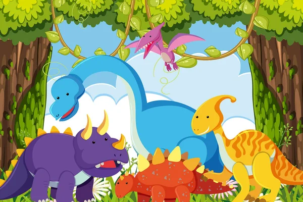 Dinosauři na scéně džungle — Stockový vektor