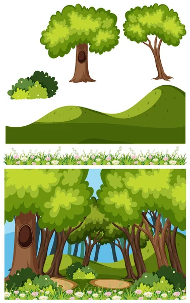 Природный ландшафт леса с большим количеством деревьев — стоковый вектор