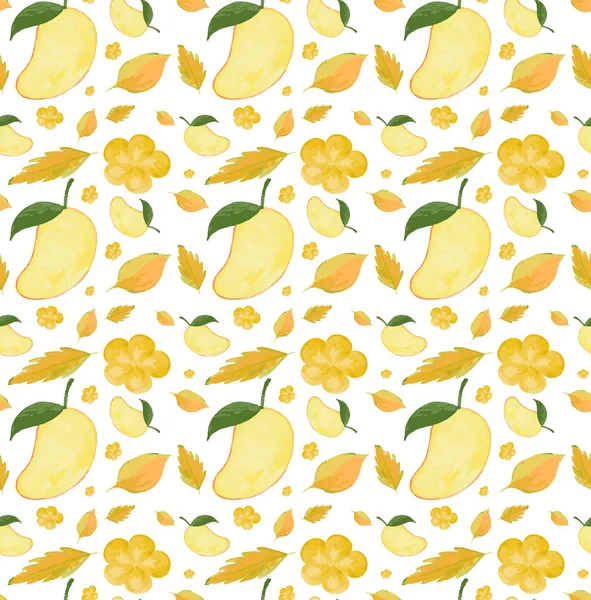 Naadloos achtergrond ontwerp met mango en gele bloemen — Stockvector