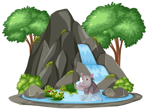 Scena tła żółwia i nosorożca przez wodospad — Wektor stockowy