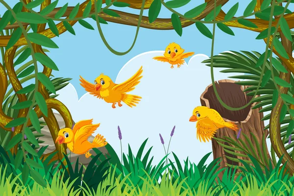 Aves amarillas en la selva escena — Vector de stock