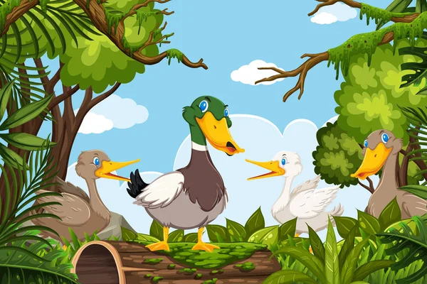 Patos em cena na selva — Vetor de Stock