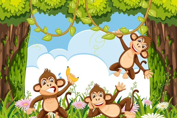 Cheeky małpy w scenie dżungli — Wektor stockowy