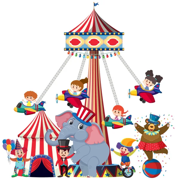 Дети катаются на самолетах качели в цирке — стоковый вектор