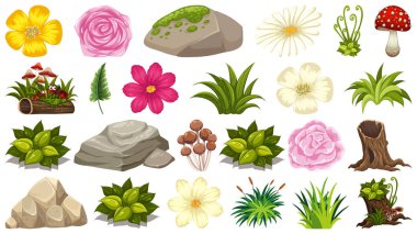 Beyaz üzerinde bitki ve doğa elemanları kümesi