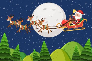 Noel Baba ile doğa sahnesi arka plan gece uçan