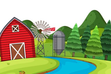 Kırmızı ahır ile tarım arazilerinin sahne arka plan