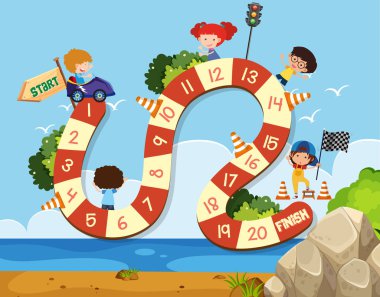 Yarış arabasında çocuklarla boardgame tasarım şablonu