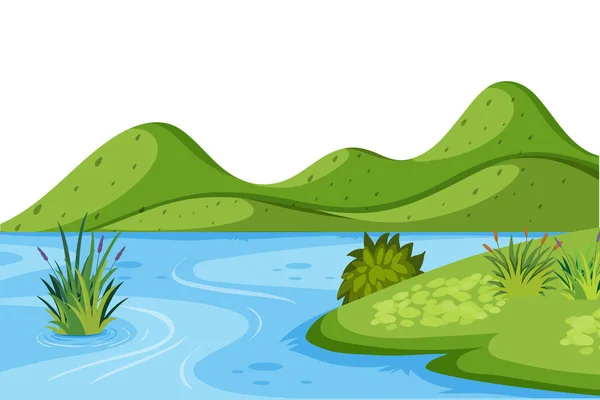 Fondo de paisaje con lago y pequeñas colinas — Vector de stock