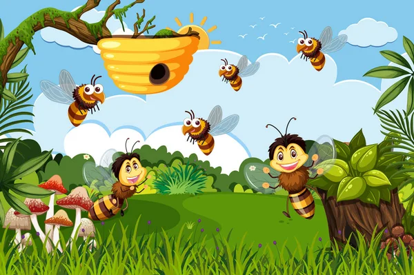 蜜蜂在丛林场景 — 图库矢量图片