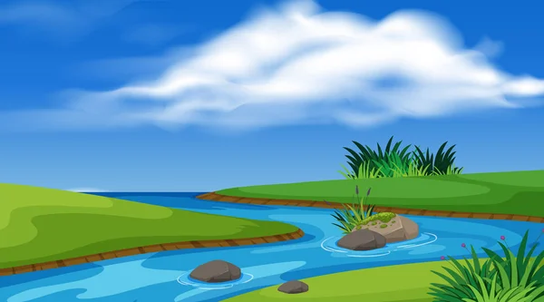 Diseño de paisaje de fondo con río y campo verde — Vector de stock