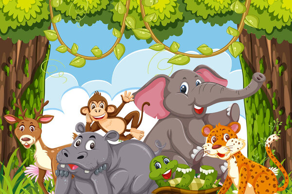 Jungle animals in a forest claring