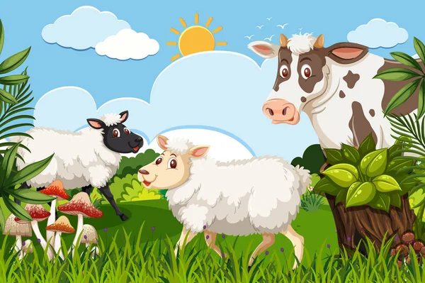 Animais de fazenda na cena da natureza — Vetor de Stock