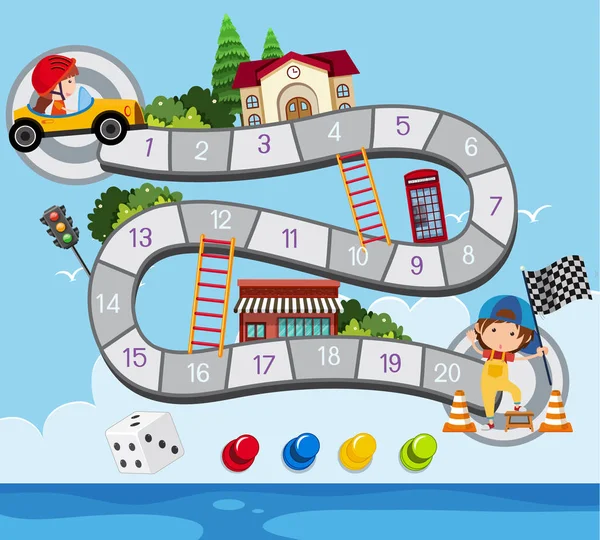 Modèle de conception de jeu de société avec enfant en voiture de course — Image vectorielle