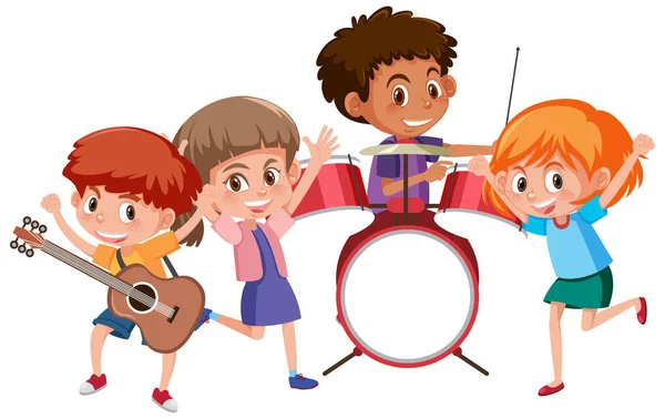 Four kids playing music in band — Stock Vector