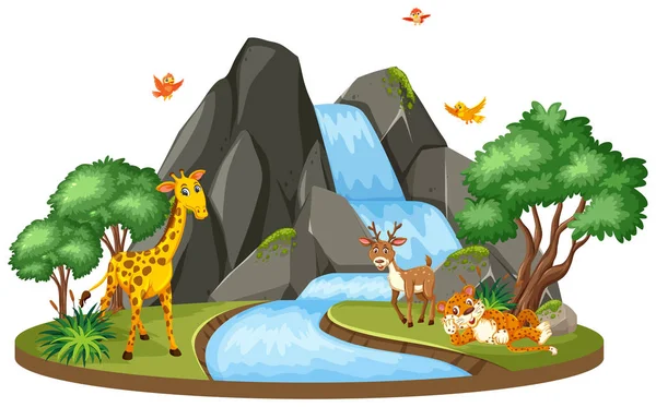 Escena de fondo de jirafa y tigre en la cascada — Vector de stock