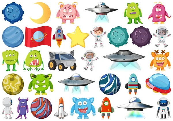 Set of isolated objects theme - astronaut and planets — Stock Vector