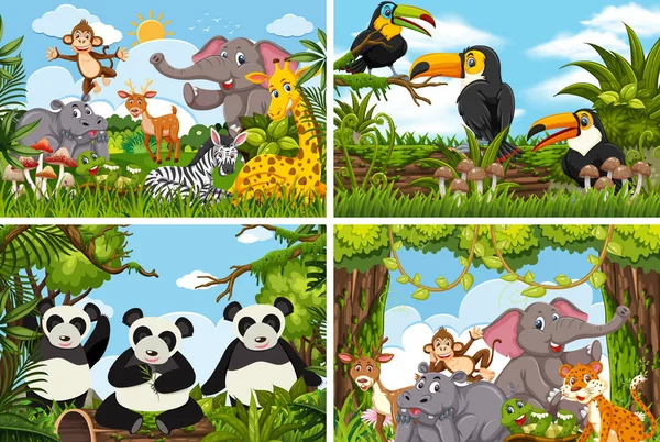 Conjunto de varios animales en escenas de la naturaleza — Vector de stock