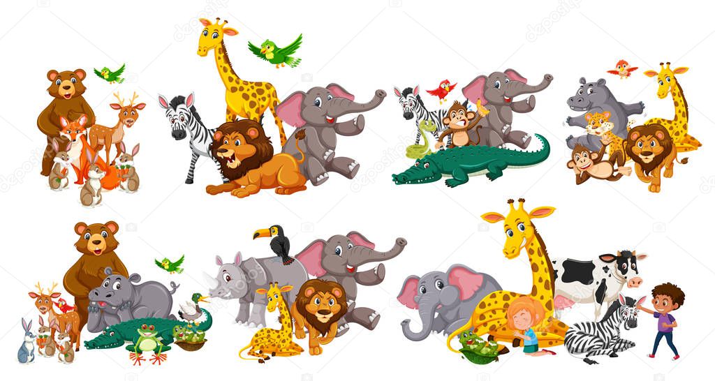 Different types of wild animals in seven sets