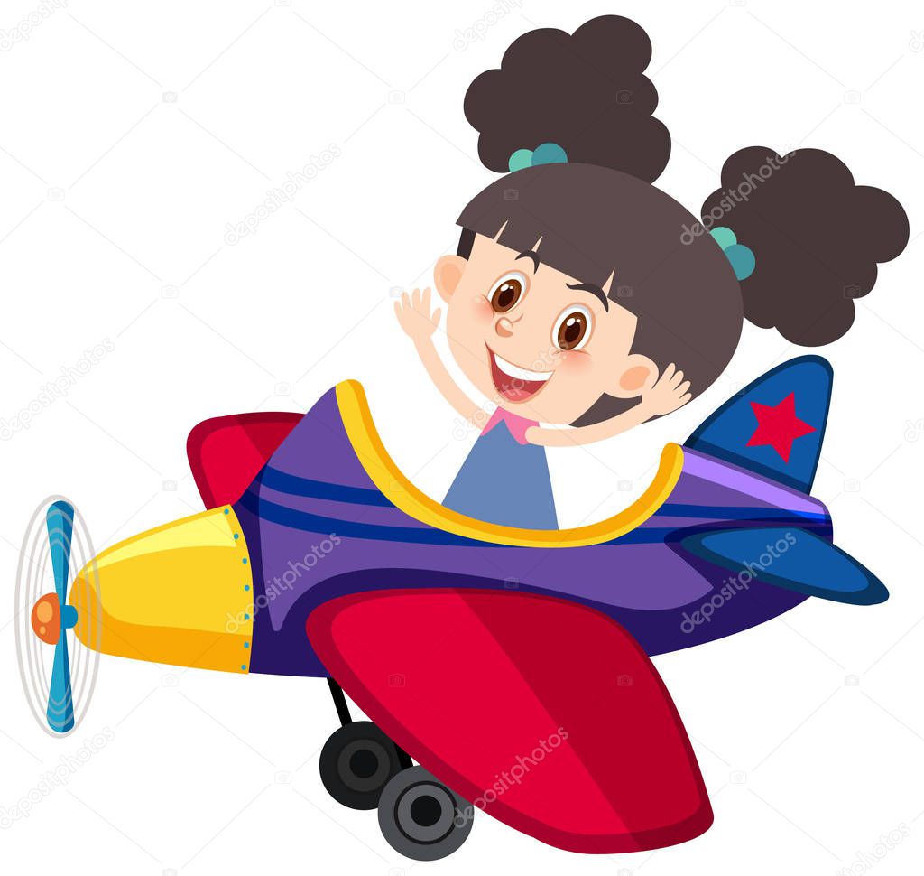 Single character of girl riding airplane on white background