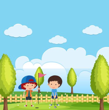 Park illüstrasyonunda golf oynayan oğlanların olduğu sahne