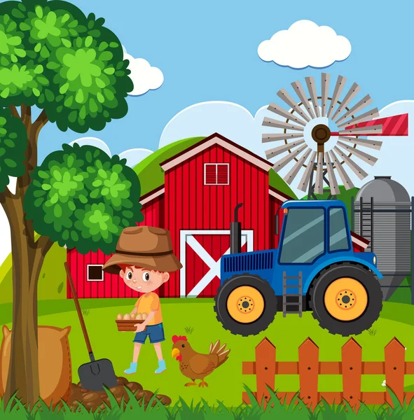 農場のイラストの上に男の子と新鮮な卵と農場のシーン — ストックベクタ