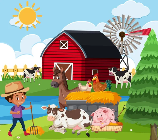 Αγροτική Σκηνή Αγόρι Και Πολλά Ζώα Στην Εικόνα Αγρόκτημα — Διανυσματικό Αρχείο
