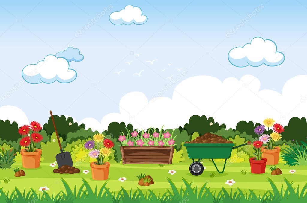 Background scene with gardening tools in the garden illustration