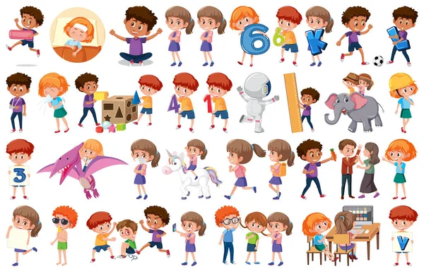 Large Set Children Doing Different Activities White Background Illustration — Stock Vector