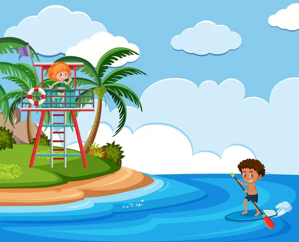 Pozadí Scéna Dětmi Pláži Ilustrace — Stockový vektor