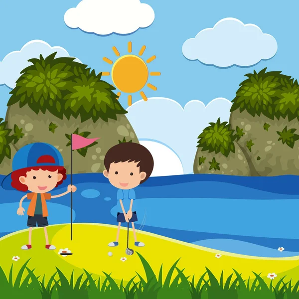 公園のイラストでゴルフをしている男の子とのシーン — ストックベクタ
