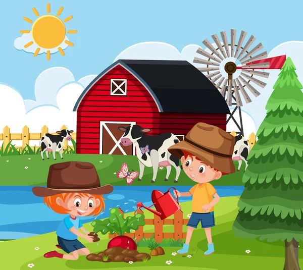 Çiftlik illüstrasyonuna ağaç diken çocukların olduğu bir çiftlik sahnesi.
