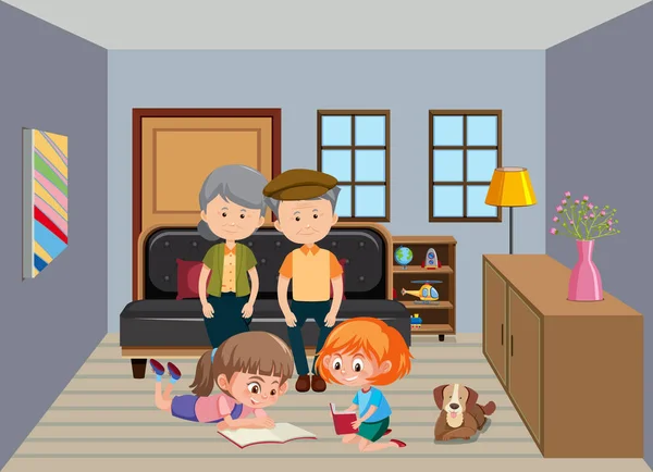 Escena Fondo Ancianos Niños Casa Ilustración — Vector de stock