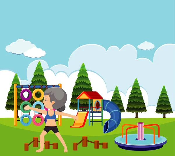 Park illüstrasyonunda yaşlı bir kadının yoga yaptığı sahne.
