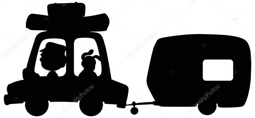 Silhouette man driving wagon with pet dog on white background illustration