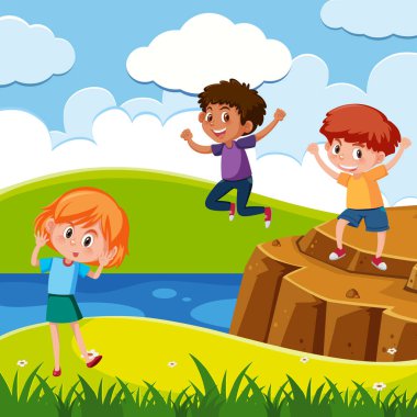 Park illüstrasyonunda çok sayıda çocuğun oynadığı sahne