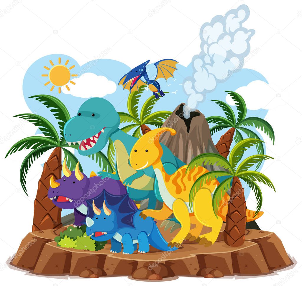 Cute dinosaurs with volcano eruption isolated on white background illustration
