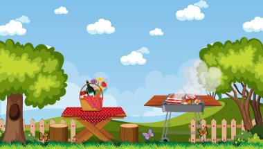 Mangallı sahne ve parkta piknik masasında yemek.