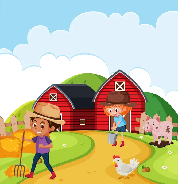 Escena Granja Con Niños Felices Trabajando Ilustración Granja — Vector de stock