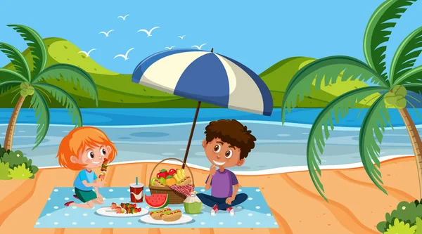 Сцена Детьми Устроившими Пикник Пляже — стоковый вектор