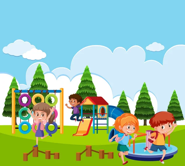 Cena Com Crianças Brincando Parque Ilustração — Vetor de Stock