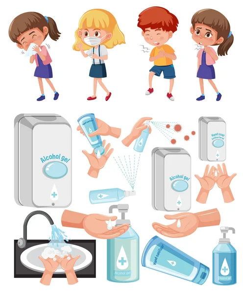 Beyaz arkaplanda hasta çocuklar ve alkol jeli var.