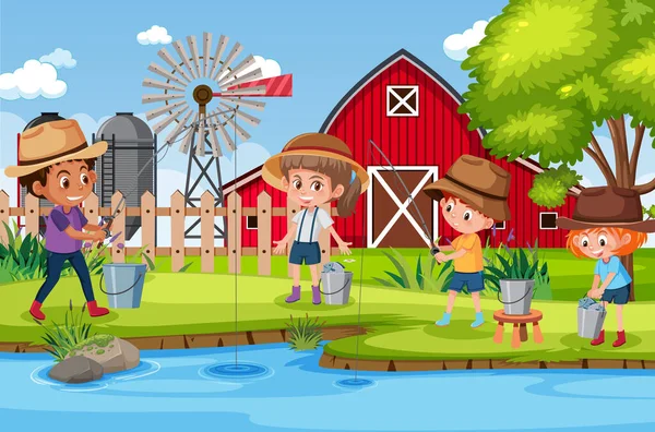 Предпосылки Контекст Scene Kids Working Farm Illustration — стоковый вектор